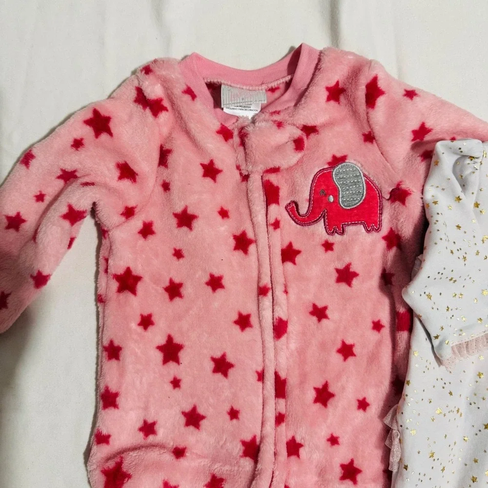 6M Little Me Baby Girl Footed Pajamas Set 2pc Pink Fleece Elephant‎ Gold Star